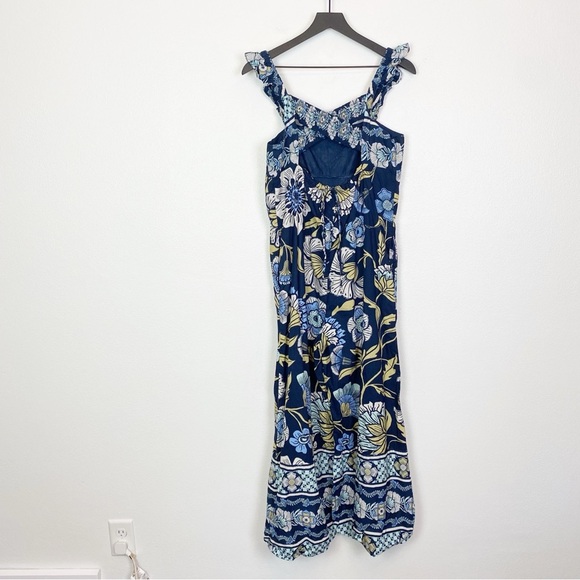 Free People Bali Albright Jumpsuit 100% Cotton Blue Boho Floral Balloon Legs - Picture 7 of 8